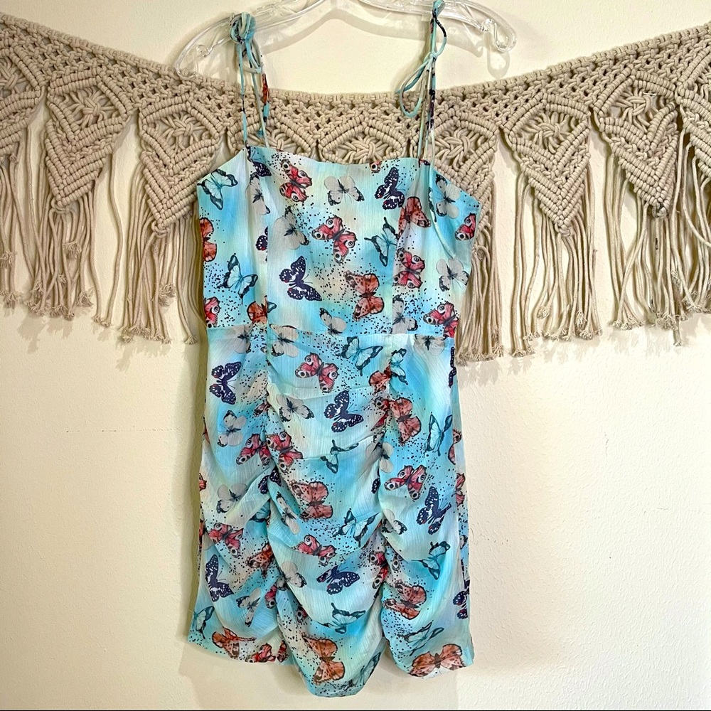 Luvalot Blue Ruched Butterfly Print Mini Dress